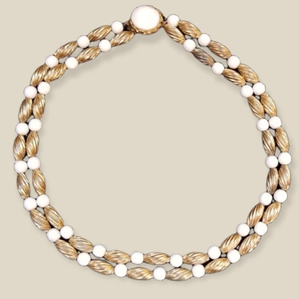Vintage Mid Century 1950s White Acrylic Bead and Goldtone Multi-Strand  Necklace
